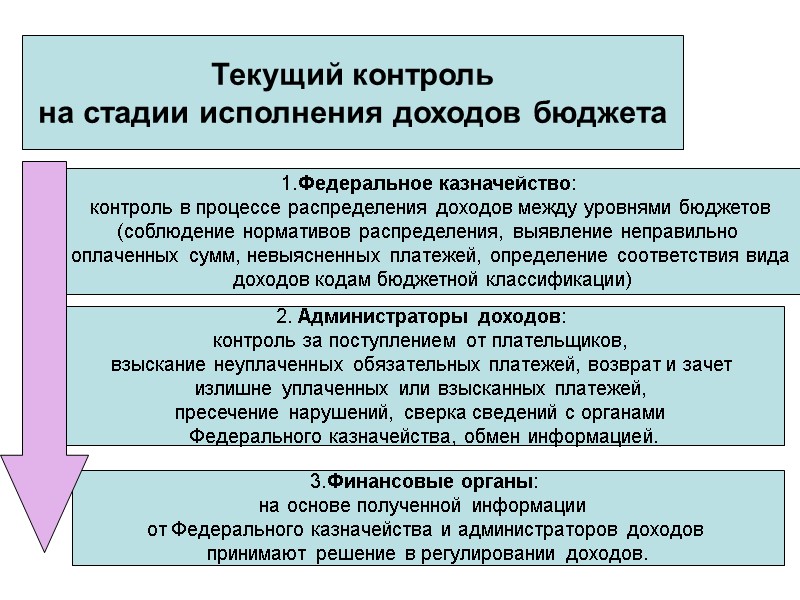 Текущий контроль на стадии исполнения доходов бюджета 1.Федеральное казначейство:  контроль в процессе распределения